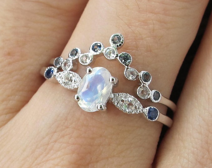 Moonstone Sapphire Bridal 2 Ring Set- Oval Blue Moonstone Engagement Ring Set- Moonstone White Gold Ring With Wedding Sapphire Band