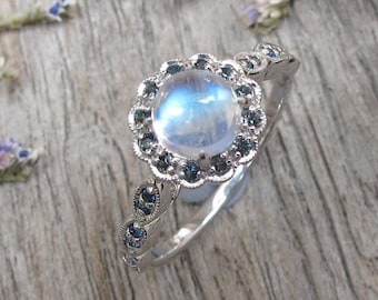 Floral Moonstone Halo Sapphire Ring- Round Cabochon Blue Moonstone Engagement Ring- 6mm Moonstone White Gold Solitaire Ring