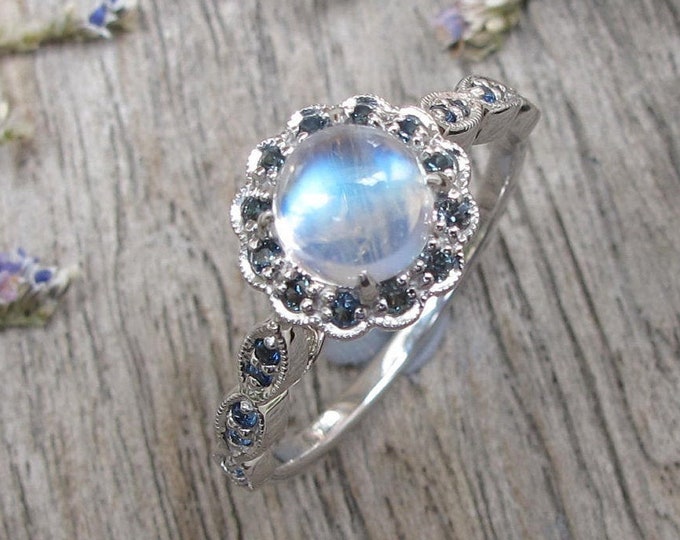 Floral Moonstone Halo Sapphire Ring- Round Cabochon Blue Moonstone Engagement Ring- 6mm Moonstone White Gold Solitaire Ring