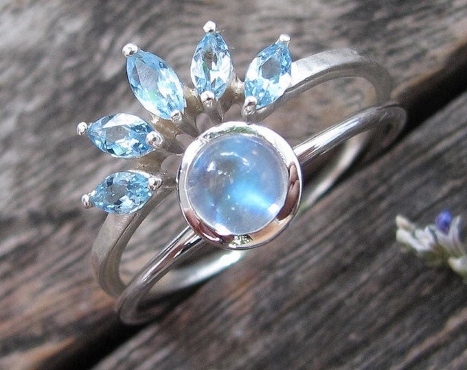Round Moonstone Halo Blue Aquamarine Marquise 2 Ring Set