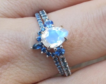 Genuine Moonstone Halo Sapphire Engagement Ring Set- Pear Blue Moonstone Bridal 2 Dainty Ring Set- 7x5 Moonstone 10k 14k 18k Solid Gold