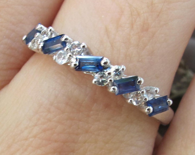 Genuine Diamond Sapphire Deco Women Wedding Band- Sapphire Baguette White Gold Band- Alternating Blue White  Half Eternity Band