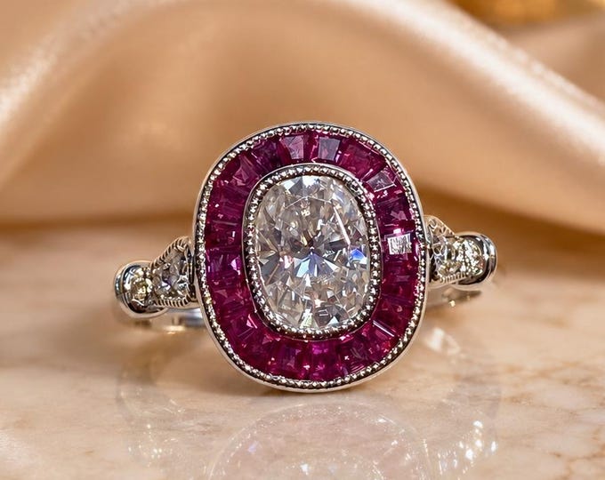 Genuine Ruby Halo with 1ct Cushion Moissanite Deco Engagement Ring