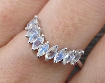 Blue Moonstone Cluster Deco Wedding Band- Moonstone Marquise Contour Vintage Band- Women V Curved Nesting Band- Stackable Pairing Band