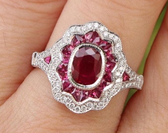 Certified 0.72ct No Heat Oval Genuine Ruby Halo Engagement Ring- Scallop Double Halo Pink Red 18k White Gold Milgrain Deco Anniversary Ring