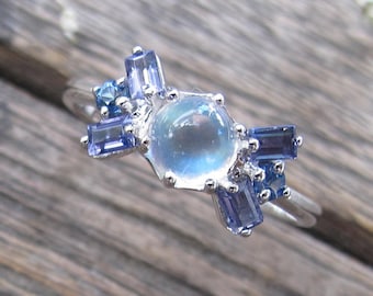 Cabochon Moonstone Promise Deco Ring- 5mm Round Genuine Natural Moonstone Tanzanite Sapphire White Gold Ring- Moonstone Anniversary Bow Ring