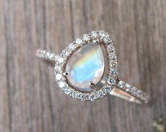Teardrop Genuine Moonstone Diamond Engagement Ring- Pear Natural Moonstone Promise Ring for Her- Moonstone Solitaire Gold Ring