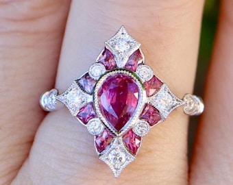 Teardrop Genuine 1.06ct Unheat Padparadscha Sapphire Deco 18k White Gold Engagement Ring-Natural Diamond Solitaire Milgrain Promise Ring