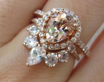 Solid 14k Gold Genuine Morganite Halo Engagement Ring with Moissanite Wedding Band
