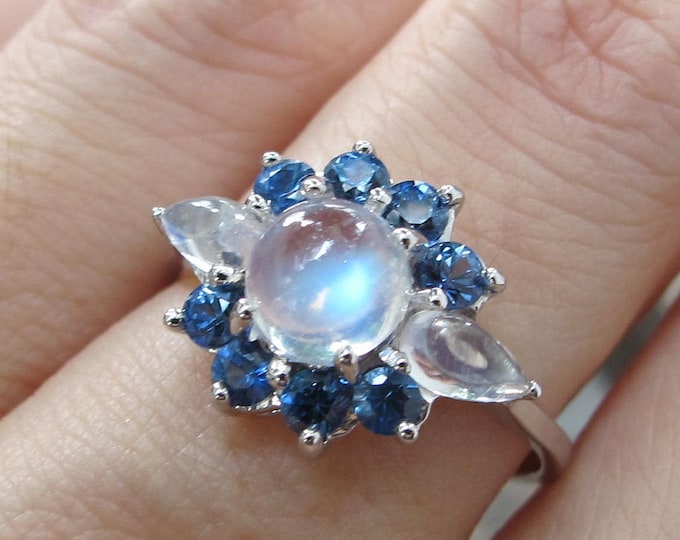 Round Moonstone Sapphire Promise Ring- Moonstone Halo Blue Sapphire White Gold Ring- Antique Moonstone Anniversary Solitaire Ring
