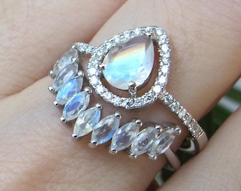 Teardrop Moonstone Halo Engagement Ring Set- Pear Moonstone Bridal 2 Ring Set- White Gold Ring w/ Marquise Moonstone Curved Wedding Band