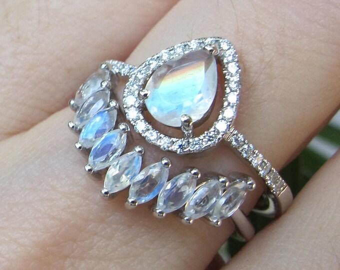 Teardrop Moonstone Halo Engagement Ring Set- Pear Moonstone Bridal 2 Ring Set- White Gold Ring w/ Marquise Moonstone Curved Wedding Band