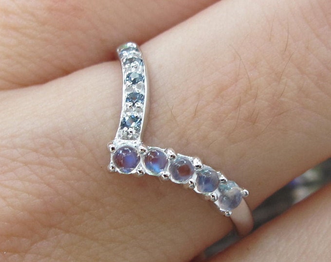 Moonstone Sapphire Women Chevron Wedding Band- Blue Moonstone Sapphire Contour V Band- Curved White Gold Nesting Band-Stackable Pairing Band