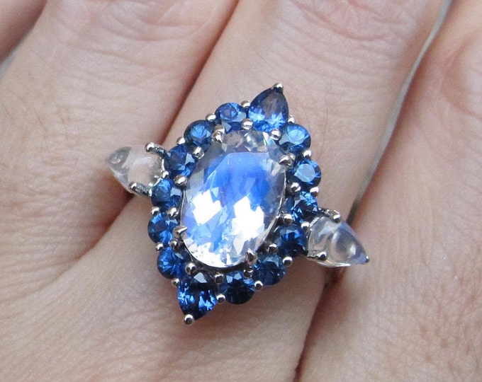 Large Oval Moonstone Halo with Blue Sapphire Solitaire 18k White Gold Ring