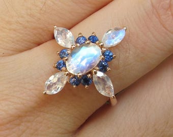 Cluster Moonstone Solid 14k Rose Gold Ring- Oval Moonstone Solitaire Ring- Genuine Moonstone Sapphire Ring- Oval Moonstone Statement Ring