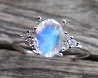 Oval Blue Moonstone Diamond Three Stone 10k White Gold Ring