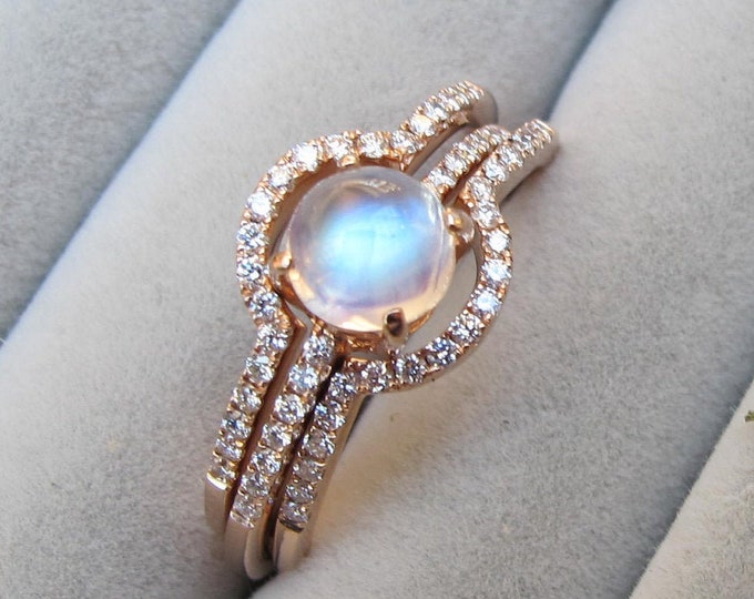 Moonstone Cabochon Diamond Engagement 3 Ring Set- Round Moonstone Bridal Ring w/ 2 Matching Bands- Genuine Natural Moonstone 4 Prong Ring
