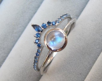 Round Moonstone Sapphire Dainty 2 Ring Set- Genuine Cab Moonstone Sapphire Engagement Ring Set- Bezel Moonstone Ring with 1 Wedding Band