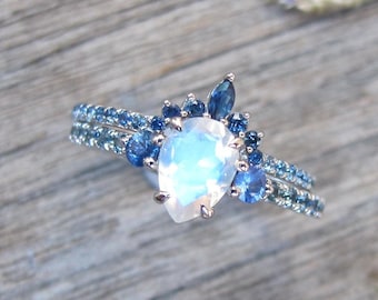 Teardrop Genuine Moonstone Sapphire Engagement Ring Set- Pear Blue Moonstone Bridal 2 Dainty Ring Set- 7x5 Moonstone White Gold Ring w/ Band