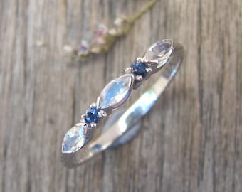 Genuine Moonstone Sapphire Women Wedding Band- Marquise Blue Moonstone Sapphire Round Band- White Gold Nesting Band- Stackable Pairing Band