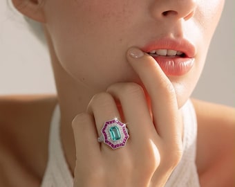 Genuine Emerald Baguette with Ruby Halo Deco Engagement 18k White Gold Ring