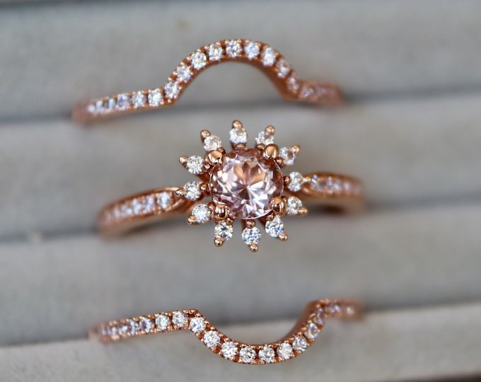 Floral Round Morganite 14k Rose Gold Dainty 3 Ring set- Round Genuine Peach Pink Morganite Halo Engagement Ring- Nature Inspired Bridal Ring