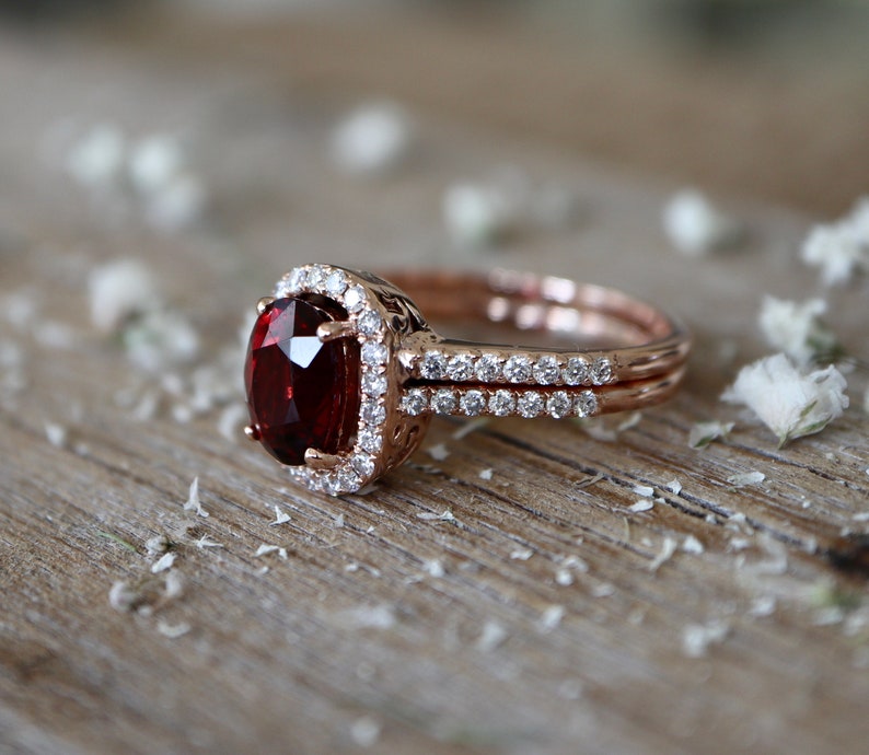 Genuine Oval Garnet Halo Diamond Engagement Ring Set Natural Vivid Red ...