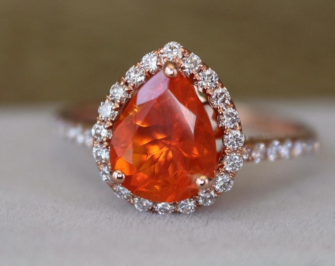 Natural Pear Mexican Orange Fire Opal Halo Diamond Engagement Ring- Genuine 1.02ct Facet Fire Teardrop Opal Promise Solitaire Ring for Her