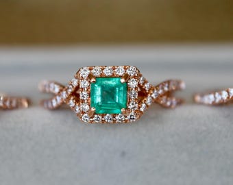 Genuine Princess 0.48ct Green Emerald 14k Rose Gold 3 Ring Set- Natural Square Emerald Twisted Split Shank Halo Diamond Dainty Rings for Her