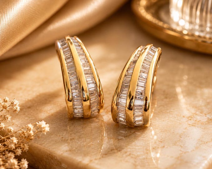 14k Yellow Gold Art Deco 2ct Baguette Diamond Dangle Earrings