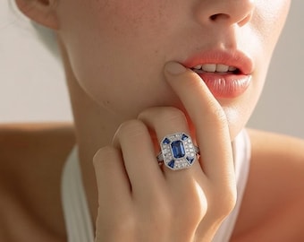 Genuine 0.92ct Baguette Blue Sapphire Deco Engagement Ring- Natural Diamond Halo Solitaire Vintage Ring- Geometric Halo Anniversary Ring