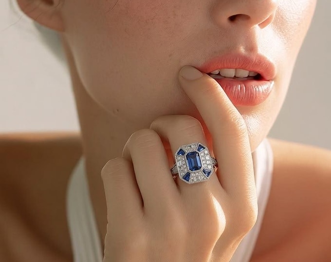 Genuine 0.92ct Baguette Blue Sapphire Deco Engagement Ring- Natural Diamond Halo Solitaire Vintage Ring- Geometric Halo Anniversary Ring