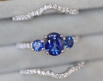 Genuine Oval 1.59ct Blue Sapphire Three Stone 14k White Gold Ring-Sapphire Diamond Vintage 3 Ring- Natural Sapphire Ring with 2 Diamond Band
