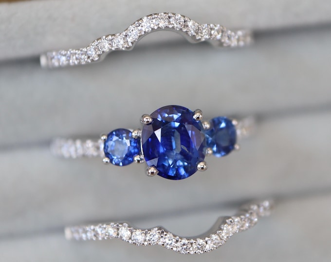 Genuine Oval 1.59ct Blue Sapphire Three Stone 14k White Gold Ring-Sapphire Diamond Vintage 3 Ring- Natural Sapphire Ring with 2 Diamond Band