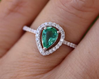 0.49ct Genuine Pear Emerald Classic Halo Engagement Ring- Teardrop Green Emerald 18k White Gold Solitaire Dainty Ring- Emerald Diamond Ring