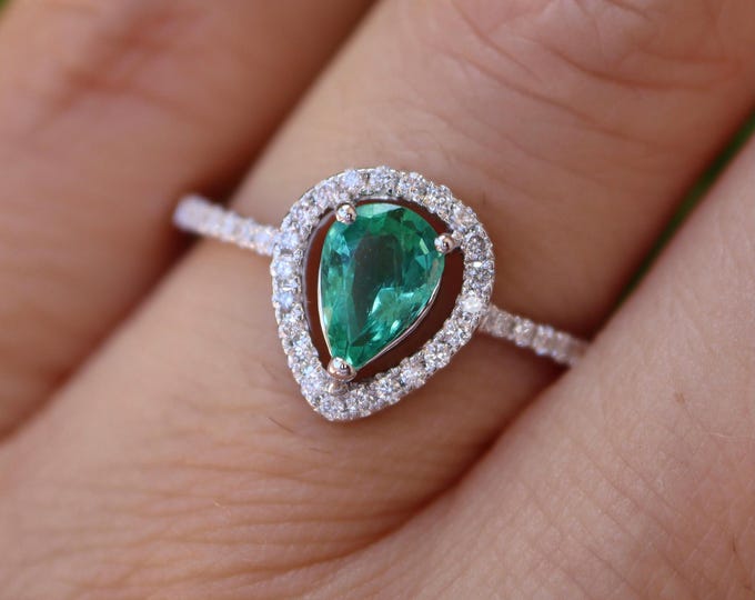 0.49ct Genuine Pear Emerald Classic Halo Engagement Ring- Teardrop Green Emerald 18k White Gold Solitaire Dainty Ring- Emerald Diamond Ring