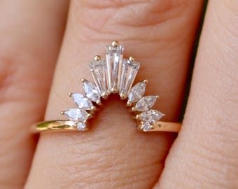 Diamond Deco Wedding 14k Gold Band for Marquise Ring- Baguette Marquise Lab Diamond V 18k Band for Teardrop Pear Ring- Platinum Chevron Band