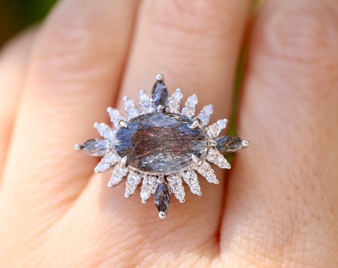 Tourmalated Quartz Oval Engagement Ring- Natural Genuine Black Rutile Diamond Halo East West Ring- Alternative Salt & Pepper Diamond Ring