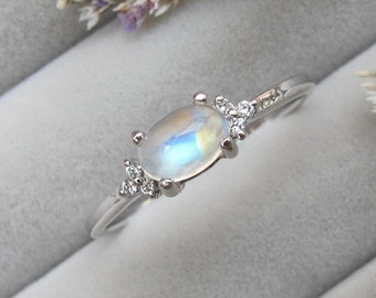 Moonstone Diamond Dainty Promise Ring for Her-Oval Rainbow Moonstone Engagement Ring-Cabochon Moonstone White Gold Ring-June Birthstone Ring