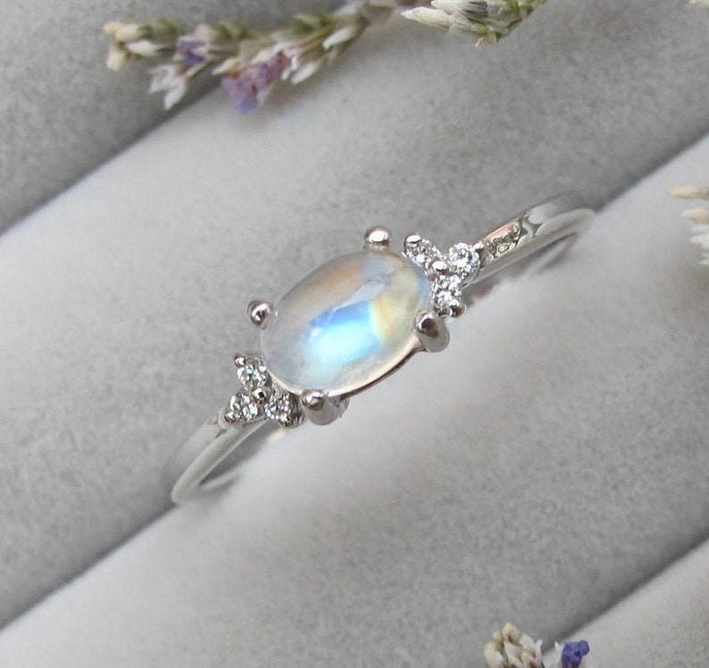 Moonstone Diamond Dainty Promise Ring for Her-Oval Rainbow Moons Moonstone Diamond Dainty Promise Ring for Her-Oval Rainbow Moons