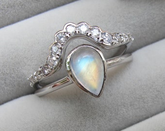 Moonstone Diamond Bridal 2 Ring Set- Teardrop Rainbow Moonstone Engagement Ring Set- Moonstone White Gold Ring With Wedding Diamond Band