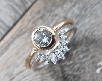 0.70ct Genuine White Sapphire Round 2 Ring Dainty Set- Vintage Sapphire Diamond 14k Rose White Gold Ring -Sapphire Diamond Bridal Ring Set