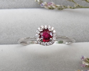 0.21ct Genuine Red Ruby Dainty Ring-Natural Unheat Ruby Promise Ring for Her-Ruby Halo Diamond 18k White Gold Ring- Round Ruby Delicate Ring