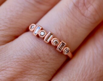 Champagne Diamond Baguette Wedding Vintage Band- Women Rose Gold Deco Bezel Milgrain Band- Brown Diamond Stackable Nesting Band for her