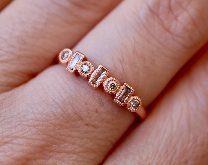 Champagne Diamond Baguette Wedding Vintage Band- Women Rose Gold Deco Bezel Milgrain Band- Brown Diamond Stackable Nesting Band for her