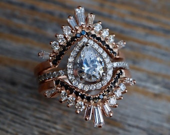 Black & White Diamond Halo Bridal 3 Ring Set- Teardrop 1ct Moissanite Deco Engagement Ring w/ Baguette 2 Wedding Band- Pear Colorless Rings