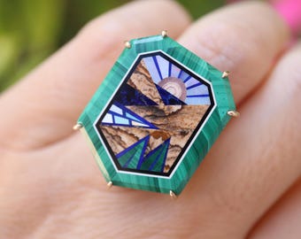 Large Scenic Landscape Mountain SunRay Lake Tree Solid 14k Yellow Gold Ring- Nature Inspired Multi Stone Malachite Opal Lapis Lazuli Jasper