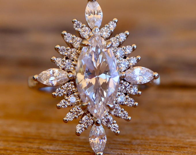 Marquise Moissanite Vintage Halo Engagement Ring-Alternative Diamond Deco 14k White Gold Ring-Clear Colorless East West Navette Antique Ring