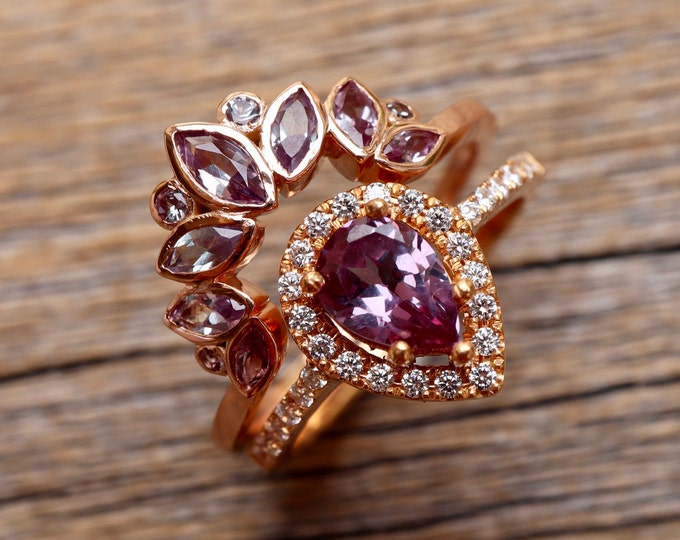 Pear Alexandrite Halo Bridal 2 Ring Set- Teardrop Purple Alexandrite 14k Gold Engagement Ring with Lab Alexandrite Contour Wedding Band