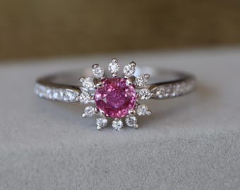 Floral Pink Sapphire Dainty Promise Ring for Her- Round Genuine Padparadscha Sapphire Halo Diamond 14k White Gold September Birthstone Ring